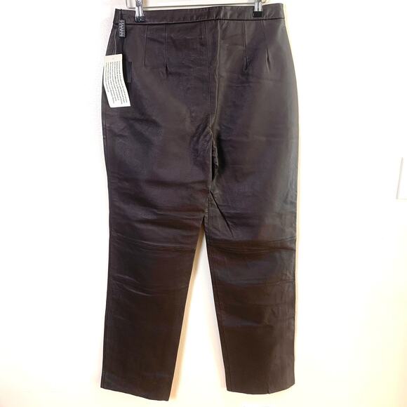 Brandon Thomas Size 12 Women's Leather Straight Pants Dark Brown Raw Hem NEW - Picture 1 of 13